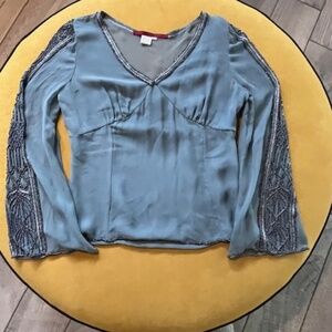 Emma Black Ethereal Gray Silk Beaded Babydoll Top Sz 8 Renaissance Fairy